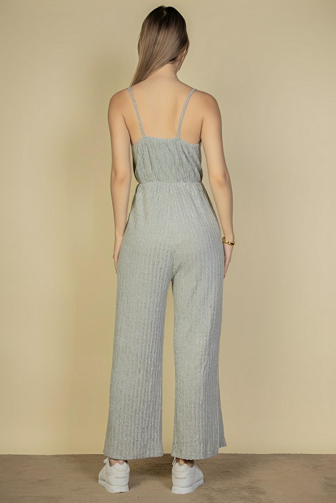 Women's fuzzy knit cami jumpsuit in cozy sweater fabric with tie-front detail and sleeveless silhouette