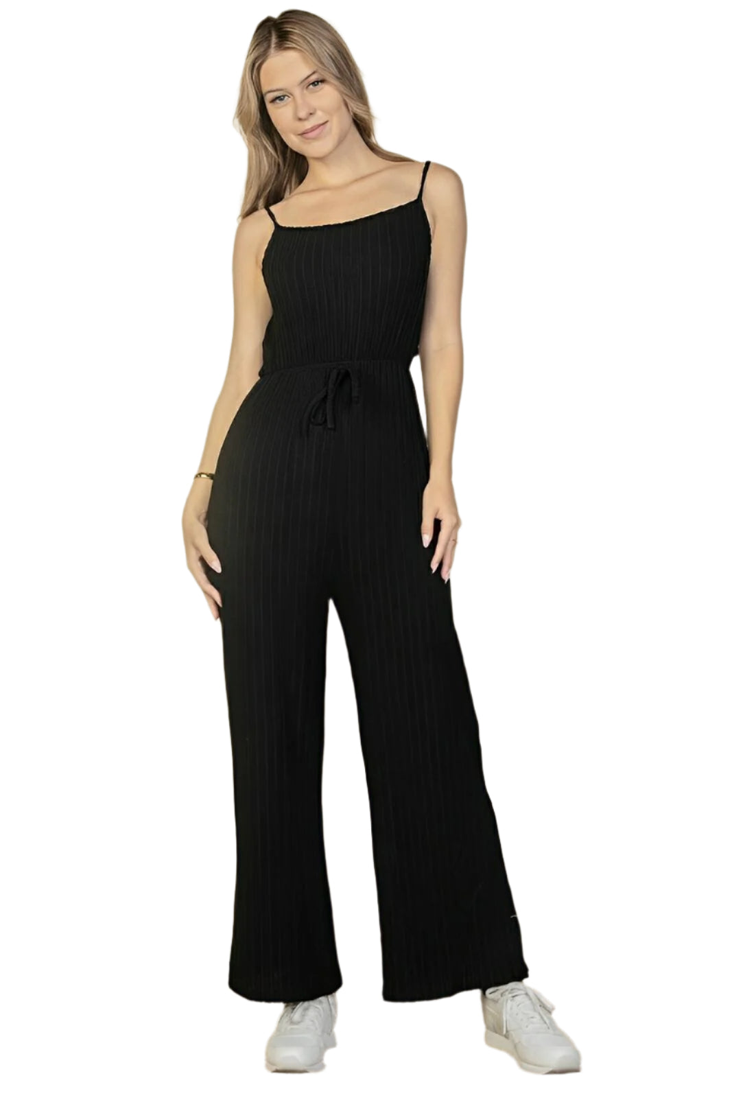Fuzzy sweater-knit cami jumpsuit with tie-front detail in cozy ribbed fabric sleeveless silhouette