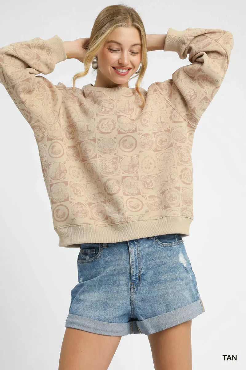Women's tan cotton-blend pullover sweatshirt with exclusive all-over coin stamp print, casual everyday style