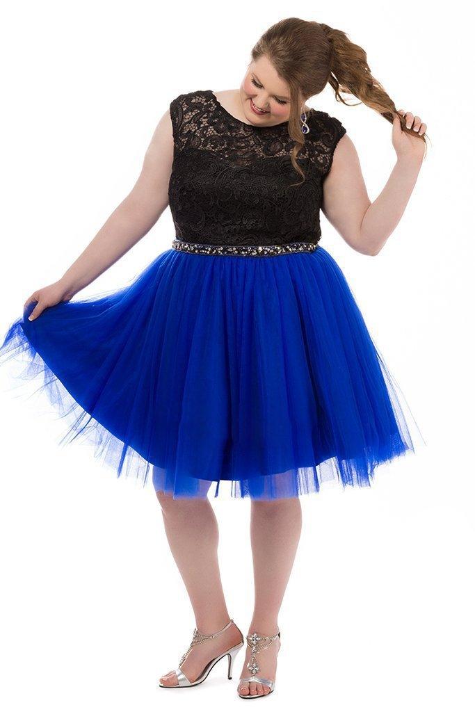 Plus size short lace prom dress with cap sleeves, beaded belt, and back cutout in glam style