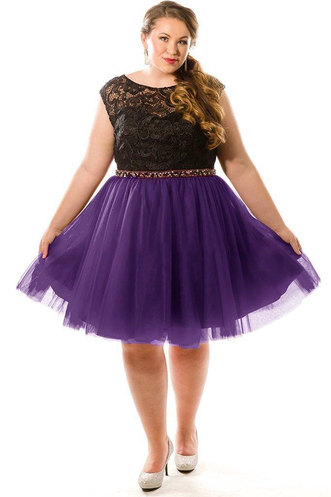 Plus size short lace prom dress with cap sleeves, beaded belt, and back cutout in glam style