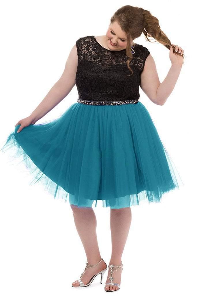 Plus size short lace prom dress with cap sleeves, beaded belt, and open back cutout detail
