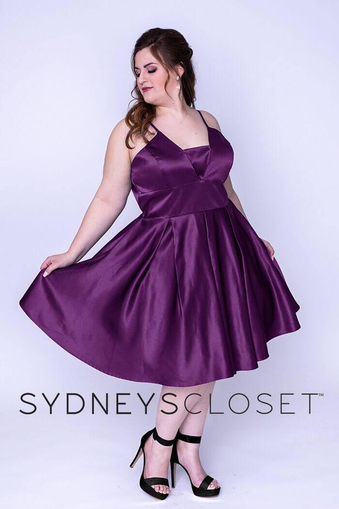Plus size satin A-line homecoming short dress with adjustable spaghetti straps and modesty panel