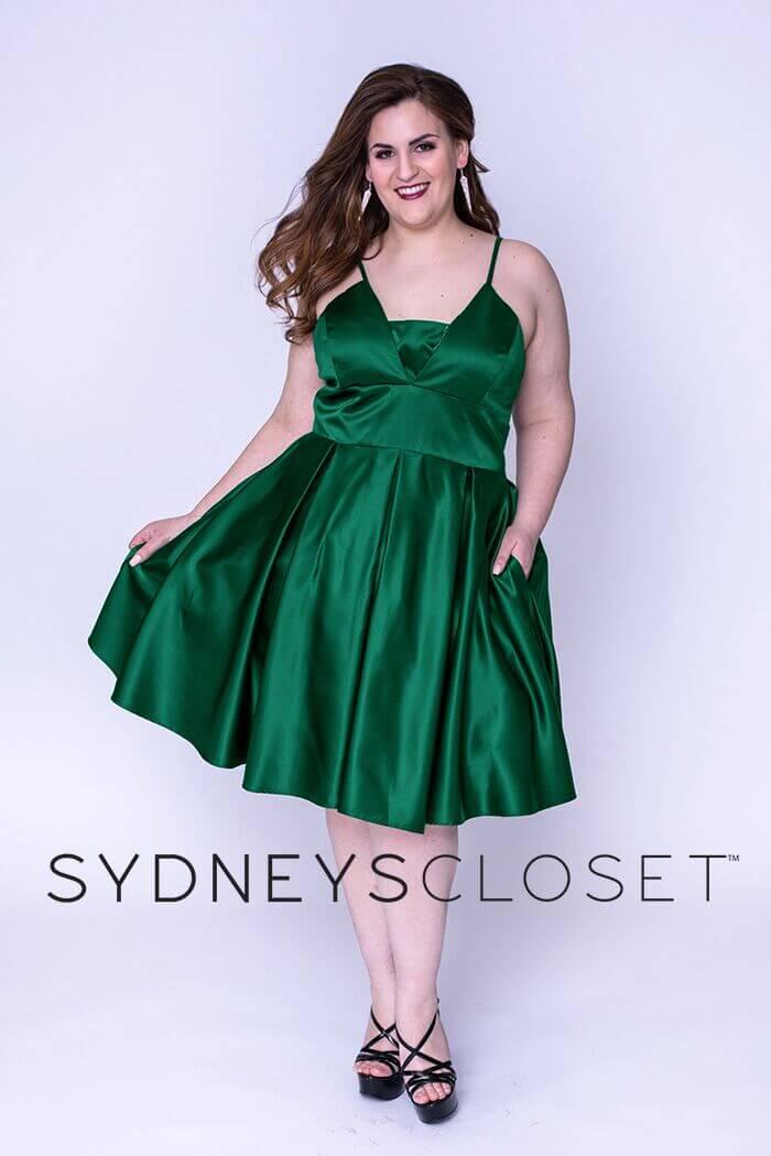 Plus size satin knee-length A-line prom dress with adjustable spaghetti straps and modesty panel