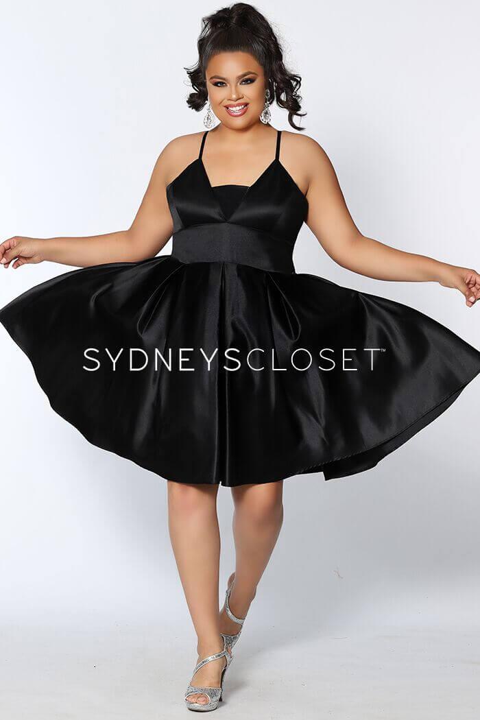 Plus size satin A-line short prom dress with adjustable spaghetti straps and modesty panel