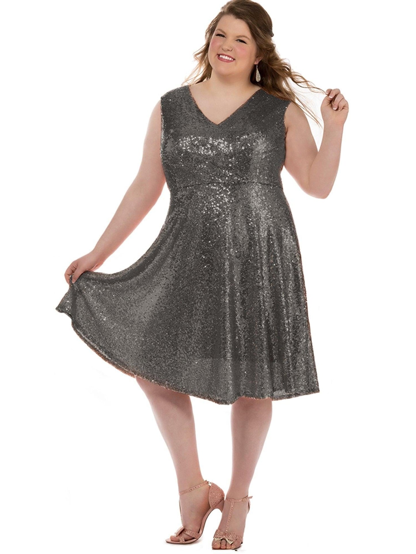 Plus size silver sequin A-line prom dress with cap sleeves and knee-length tea hem