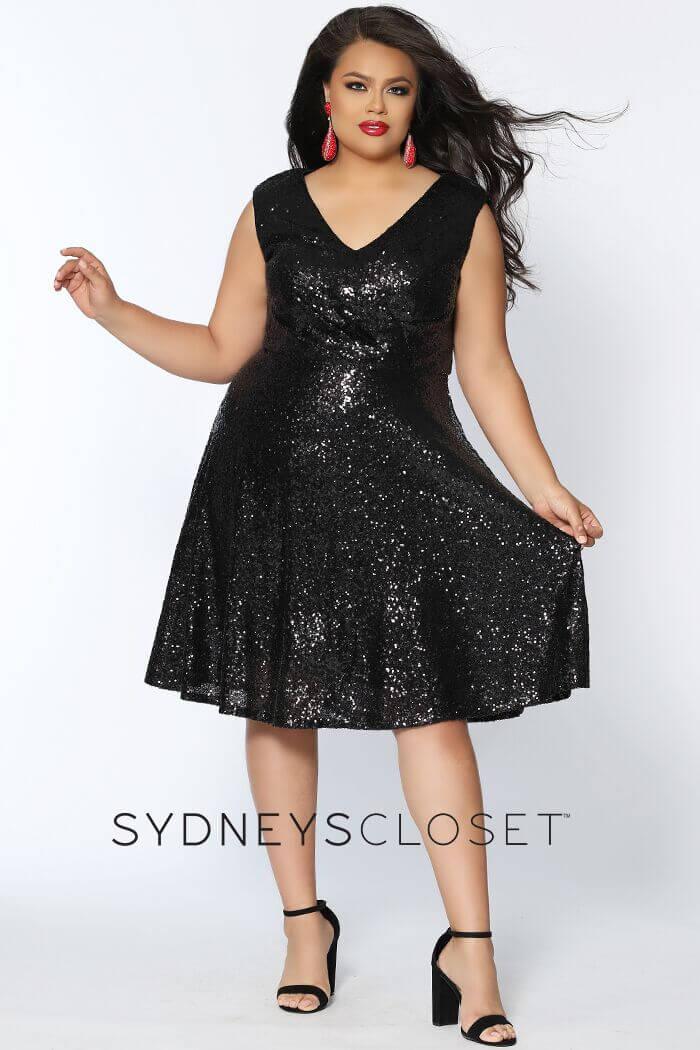 Plus size sequin A-line prom dress with cap sleeves, knee-length tea hem, allover sparkle finish