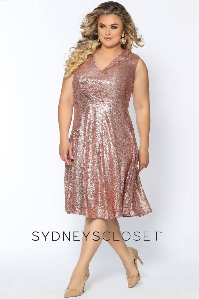Plus size sequin A-line short prom dress with cap sleeves, tea-length hem, full sparkle finish