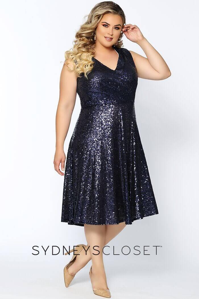 Plus size sequin A-line prom dress with cap sleeves, knee-length hem, sparkling all-over sequin finish