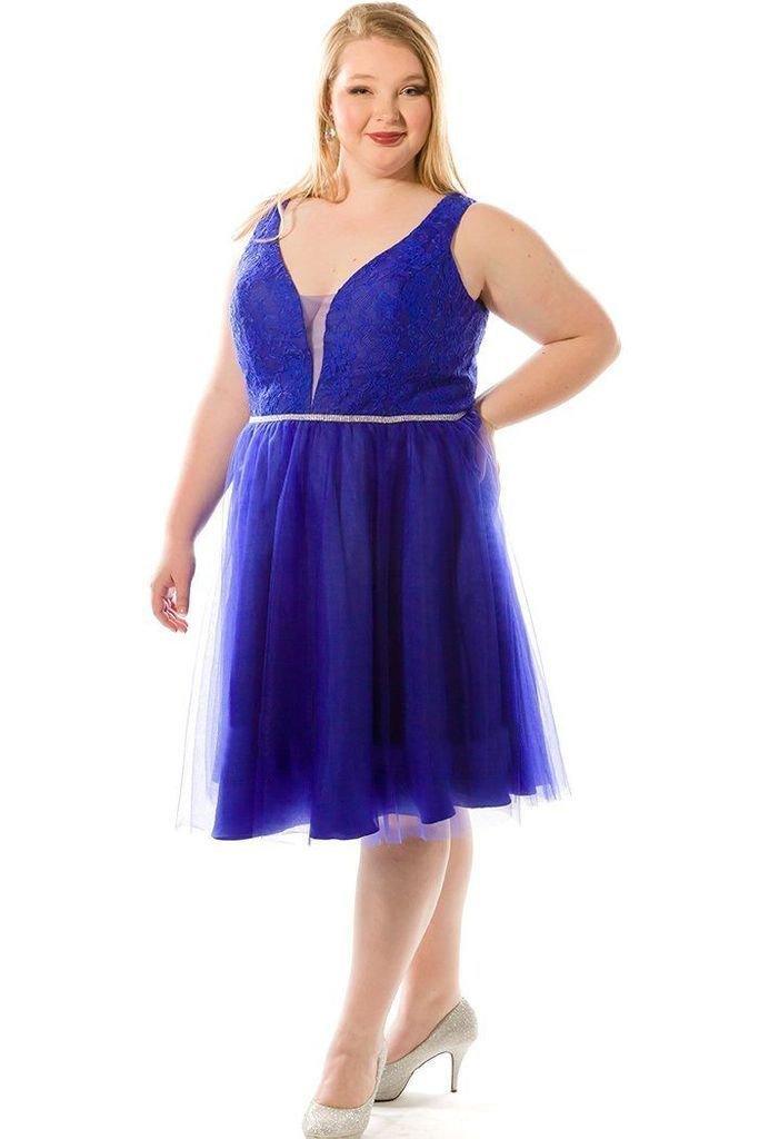 Plus size knee-length A-line prom dress with V-neck and rhinestone waistband by Sydneys Closet