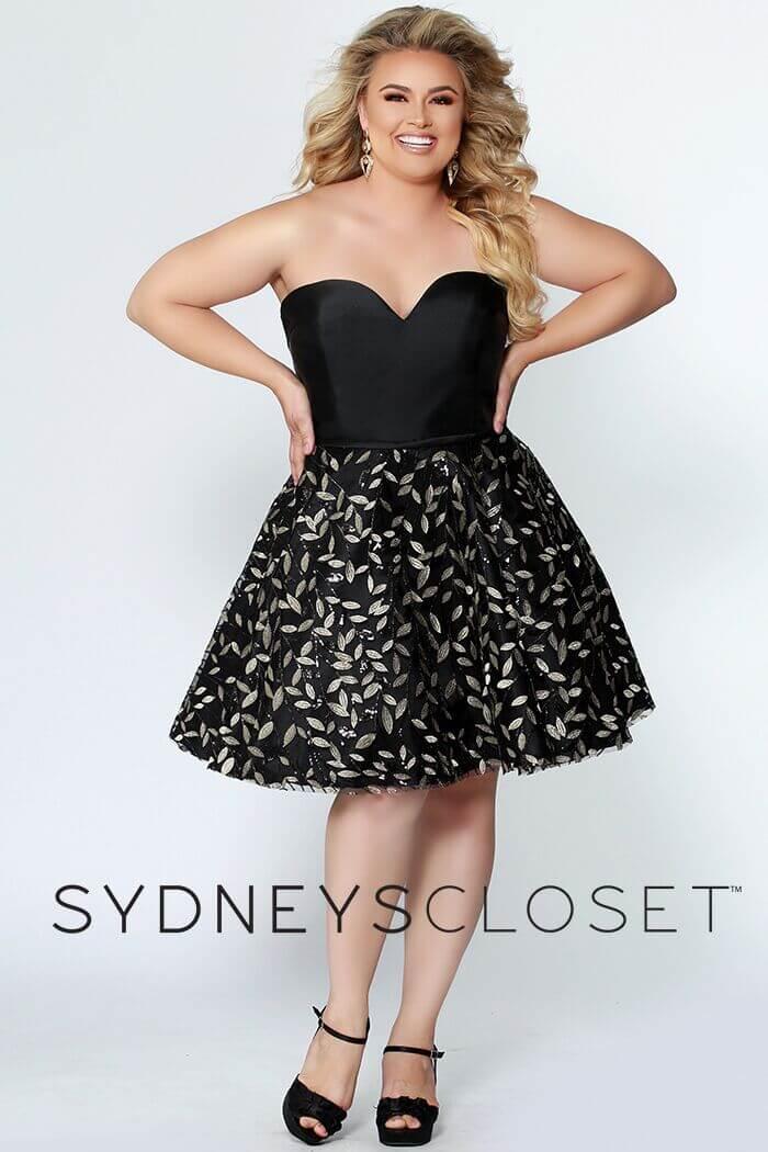 Plus size strapless homecoming dress black sequin leaf overlay Mikado satin sweetheart bodice