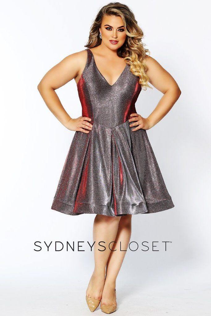 Short prom dress iridescent shimmer V-bodice A-line knee-length bra-friendly straps sleeveless