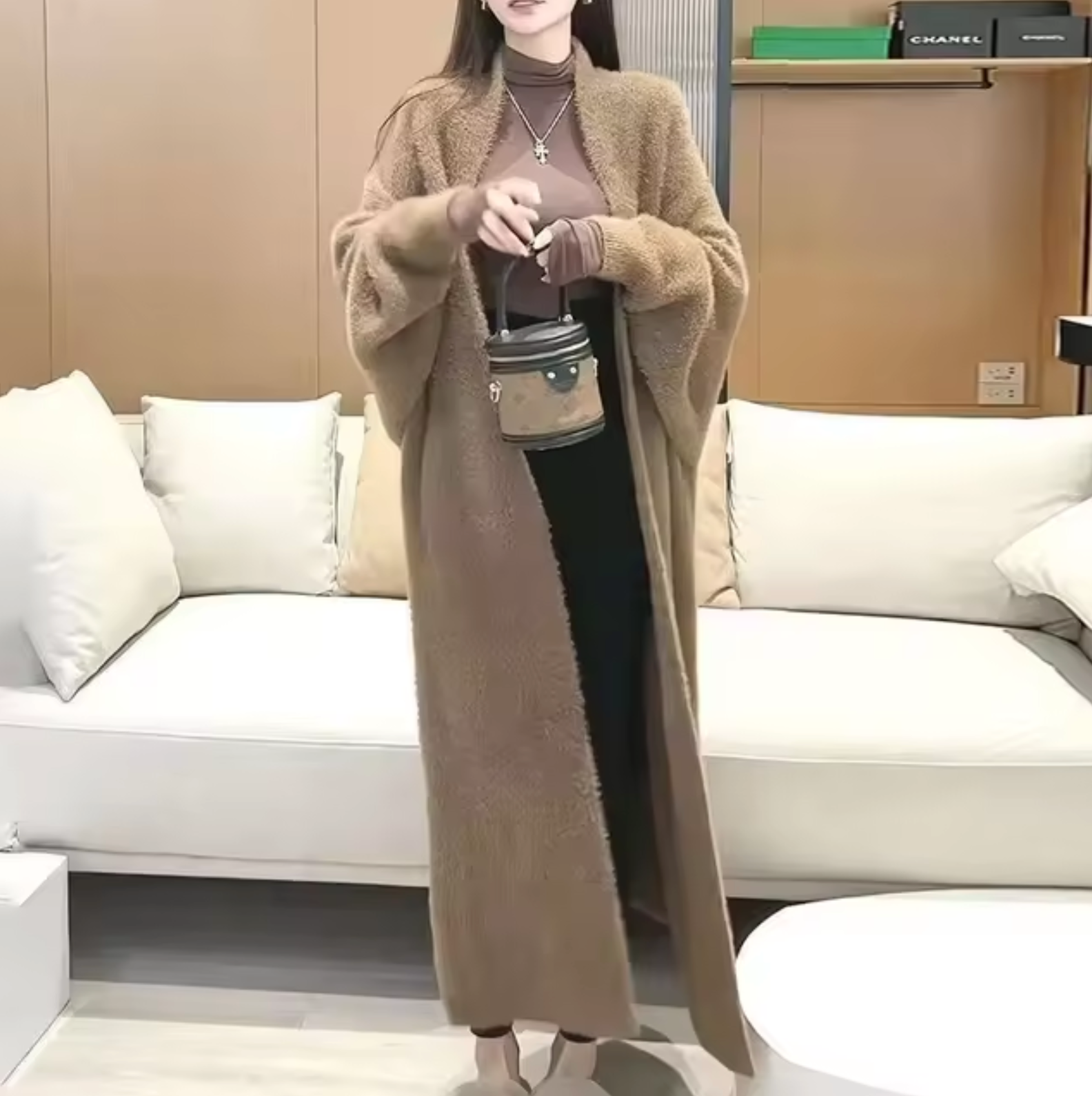 Women's oversized open-front long knit cardigan with draped silhouette for effortless layering