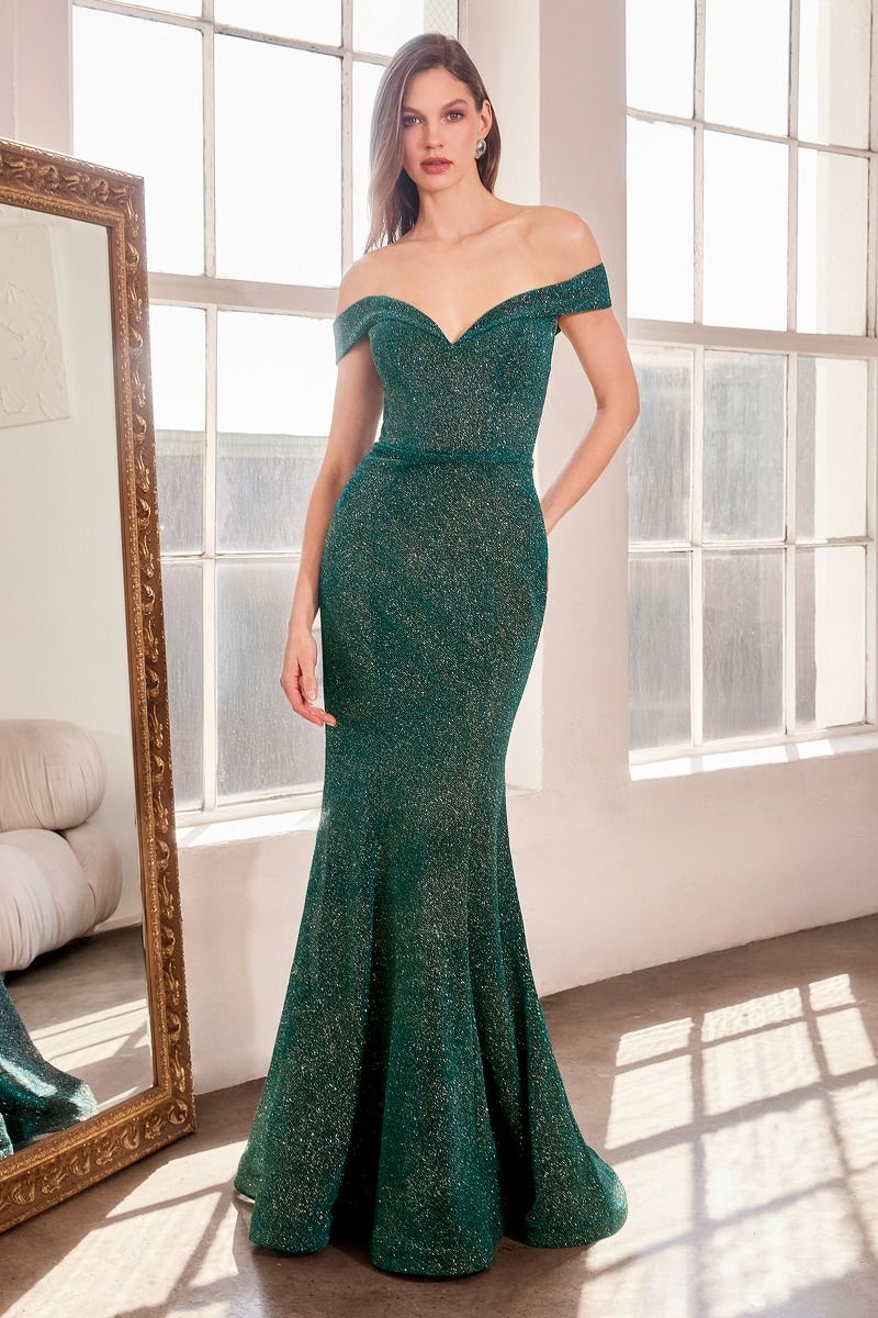 LaDivine T602 glitter mermaid prom dress sweetheart neckline off-shoulder long formal gown
