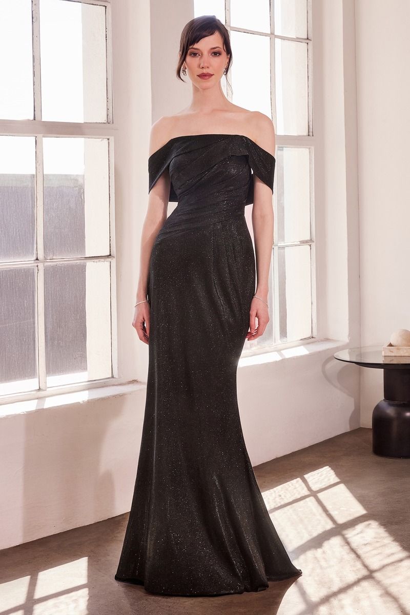 Metallic glitter fitted prom gown off-shoulder floor-length formal dress with shimmering finish
