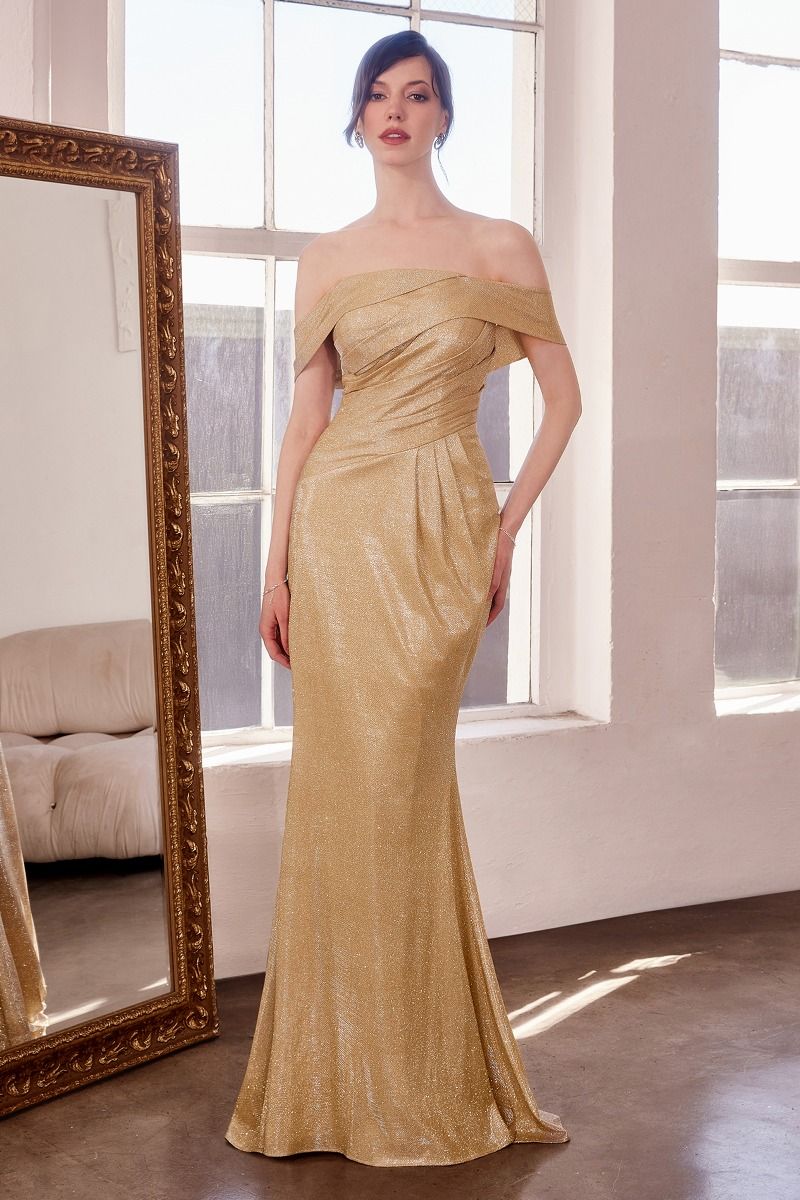 Metallic glitter off-shoulder fitted prom gown floor-length formal dress with structured bodice