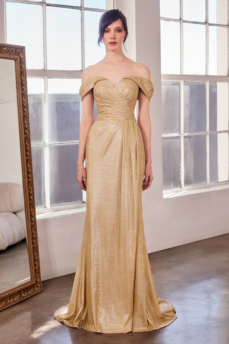 LaDivine T605 glitter prom dress off-shoulder draped bodice floor-length gown with thigh-high slit