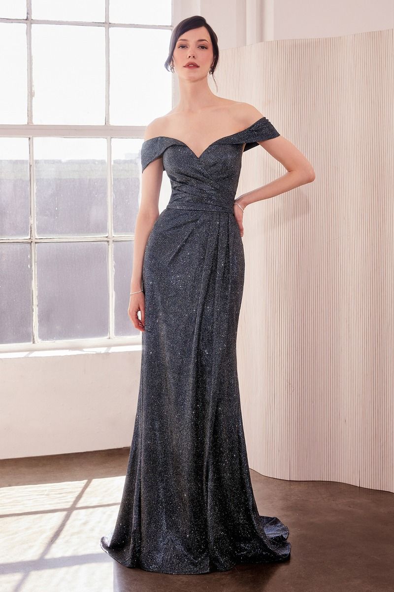 LaDivine T605 glitter prom gown off-shoulder draped bodice floor-length formal dress with thigh-high slit