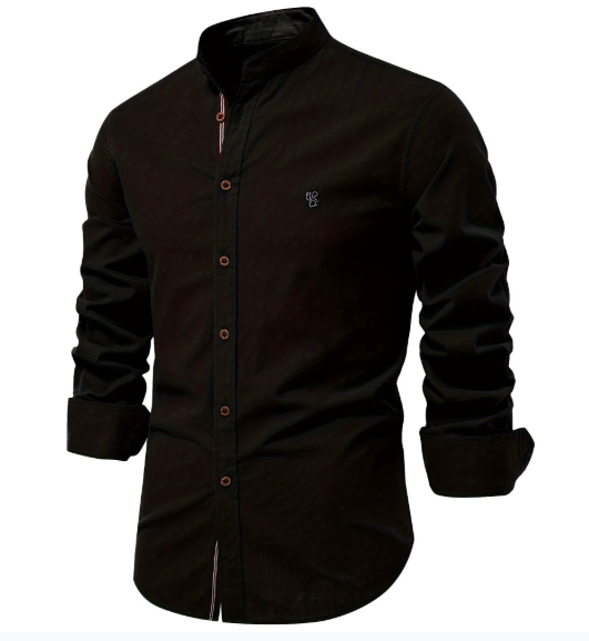 Men's slim fit stand-up collar shirt continuous button placket minimalist white modern design
