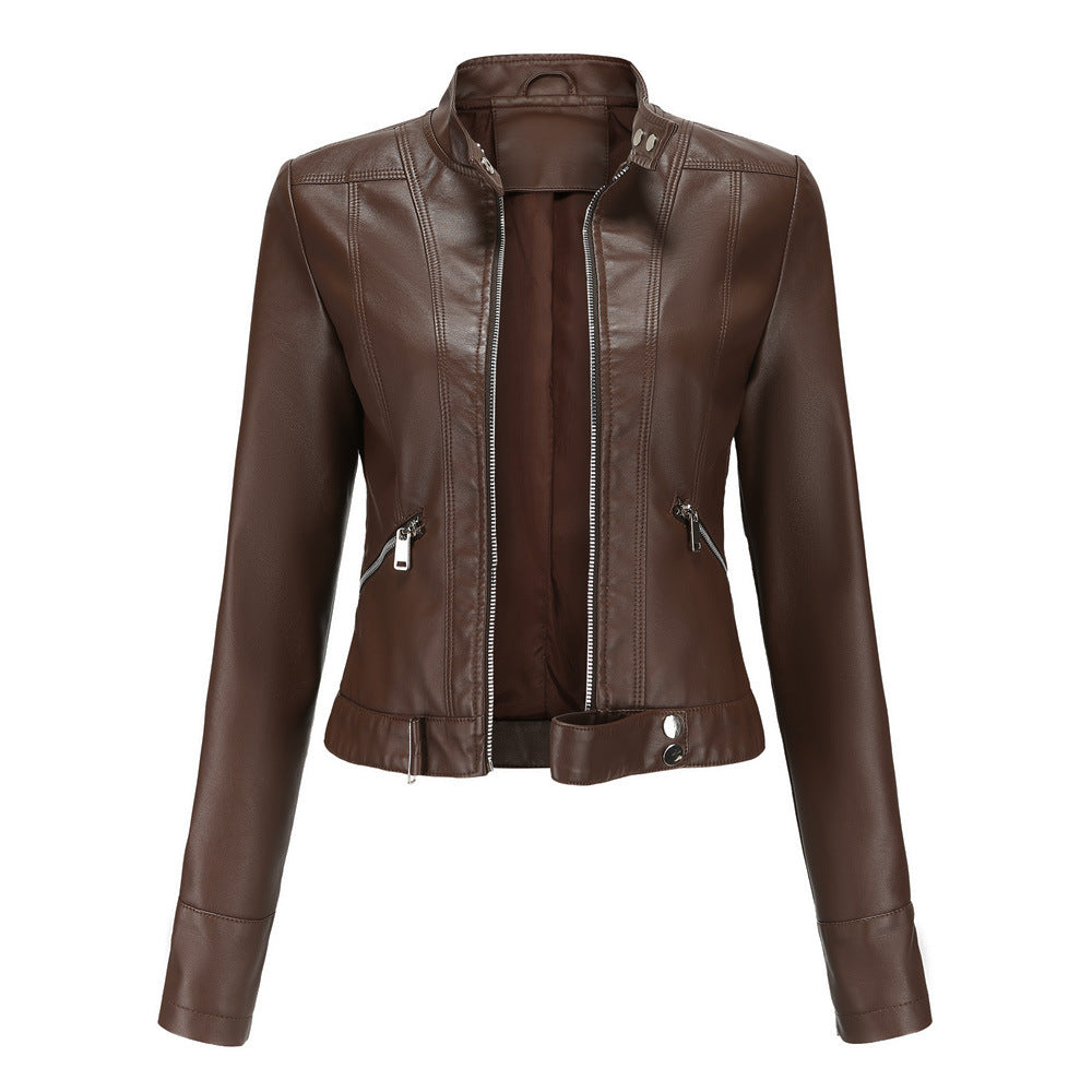 Women's slim fit stand-up collar jacket with clean front zipper, versatile casual elegant style