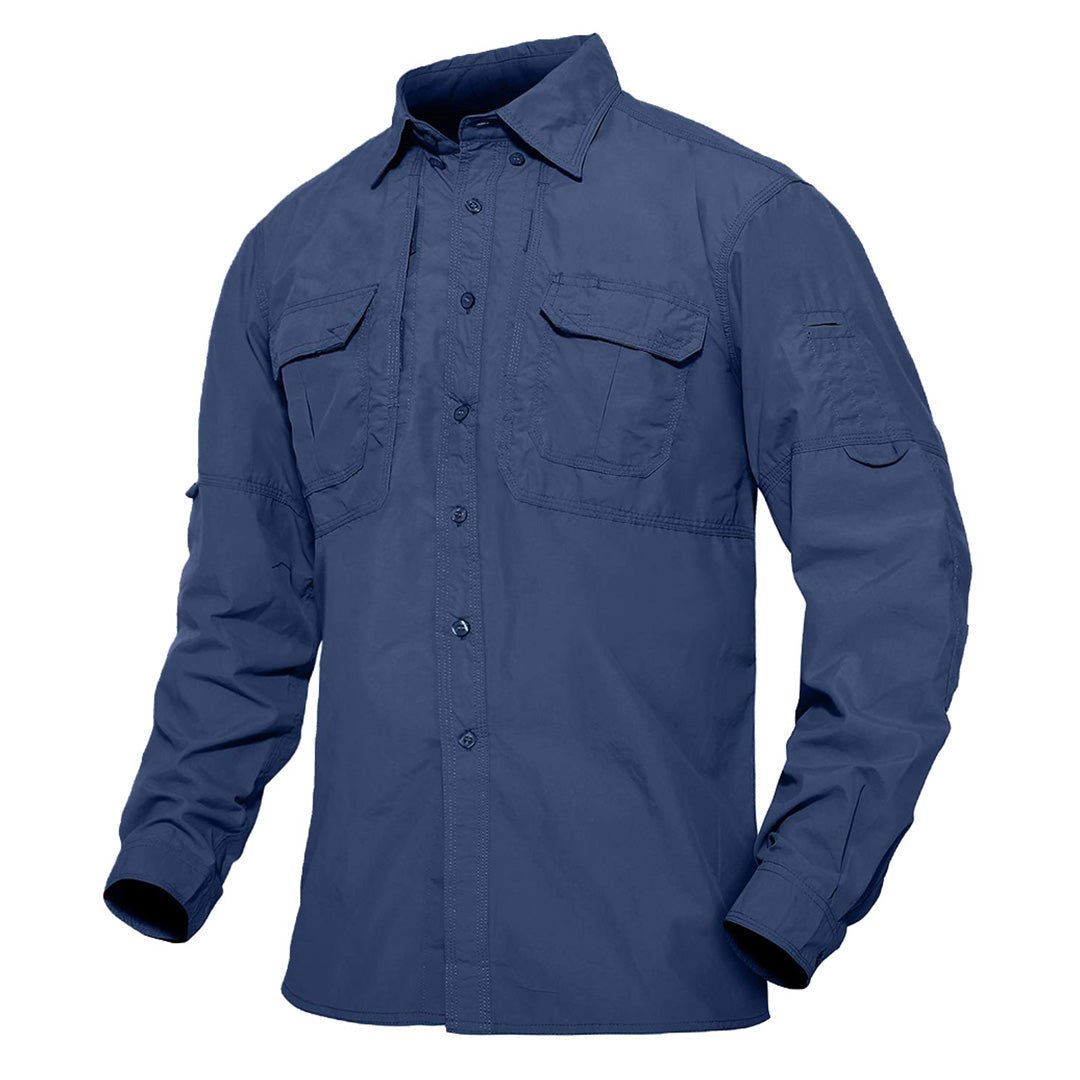 Men's light blue quick-dry long sleeve hiking shirt with UV protection and breathable nylon mesh fabric