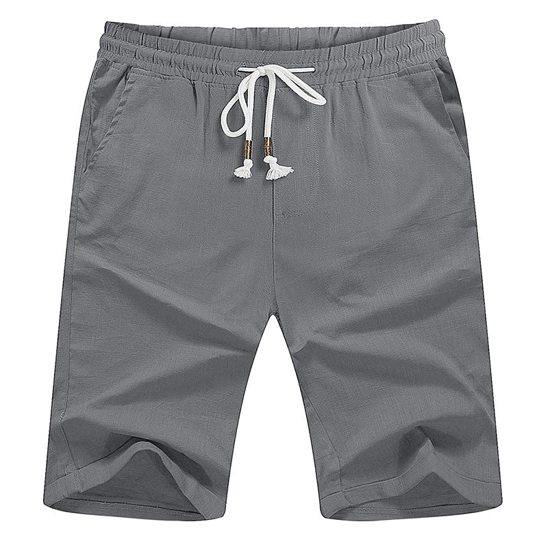 Men's gray elastic waist casual linen shorts lightweight quick-dry breathable mesh fabric