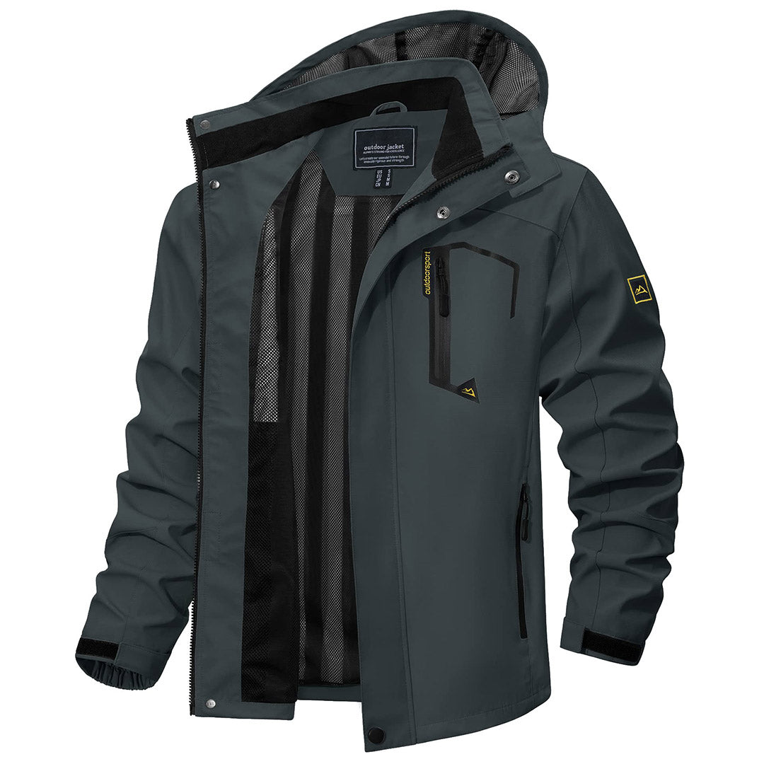 Men's lightweight waterproof hiking jacket with zipped pockets, windproof all-weather outdoor design