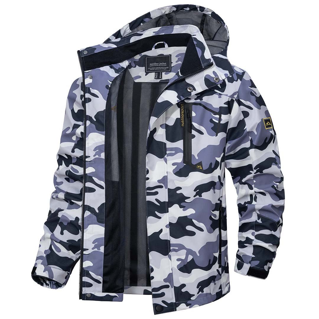 Men's lightweight waterproof hiking jacket with zipped pockets, windproof all-weather outdoor design