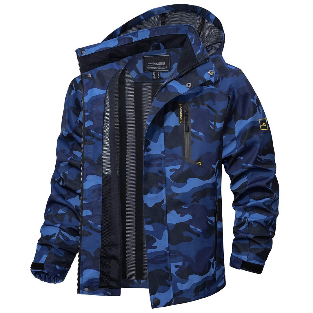Men's lightweight waterproof hiking jacket with zipped pockets, windproof all-weather outdoor design