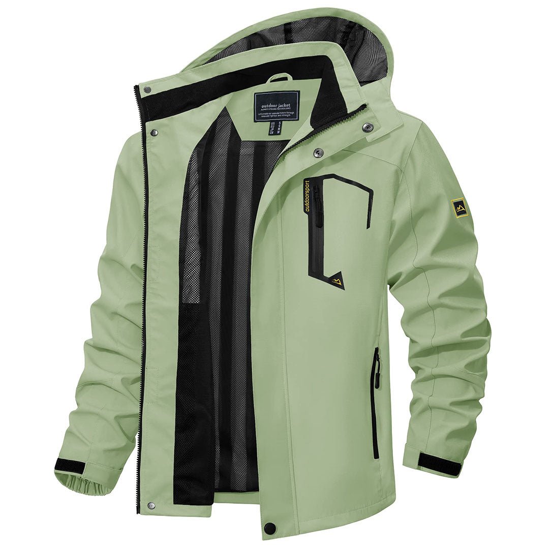 Men's lightweight waterproof hiking jacket with zipped pockets, windproof all-weather outdoor shell