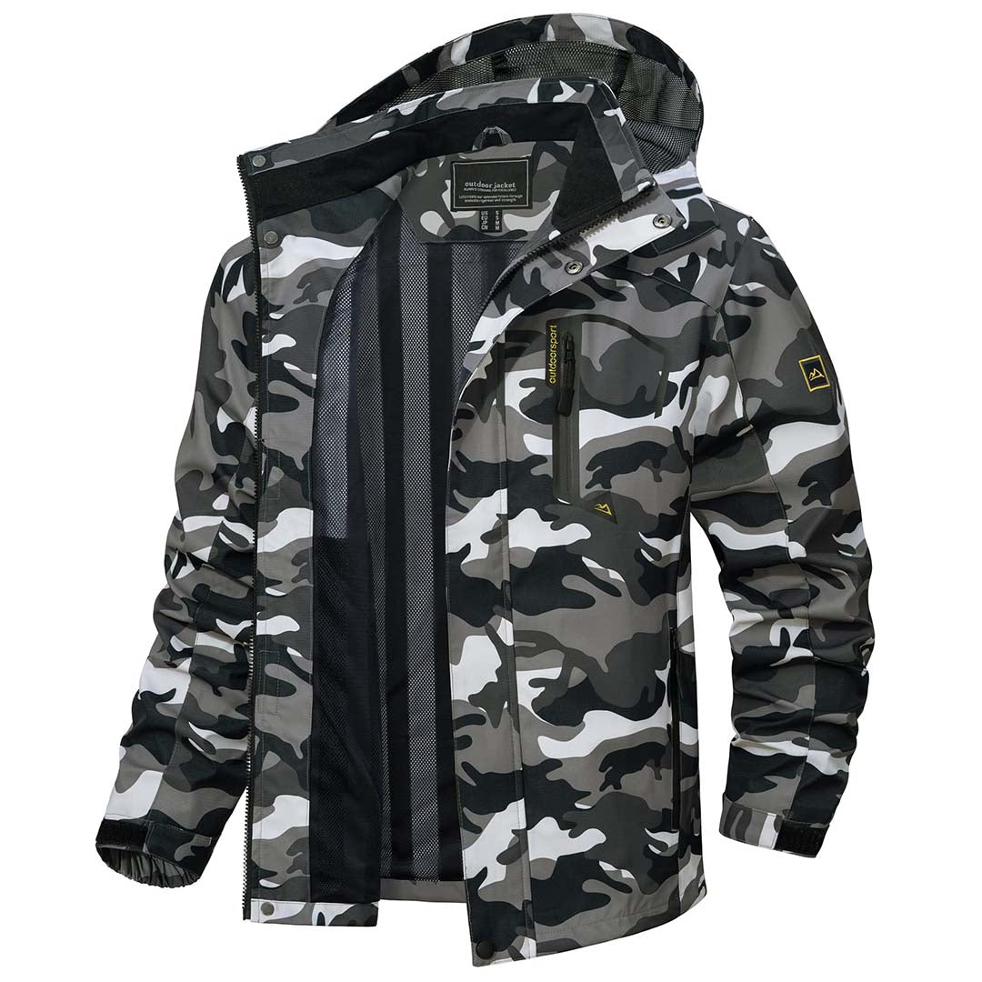 Men's lightweight waterproof hiking jacket with zipped pockets, windproof all-weather outdoor design