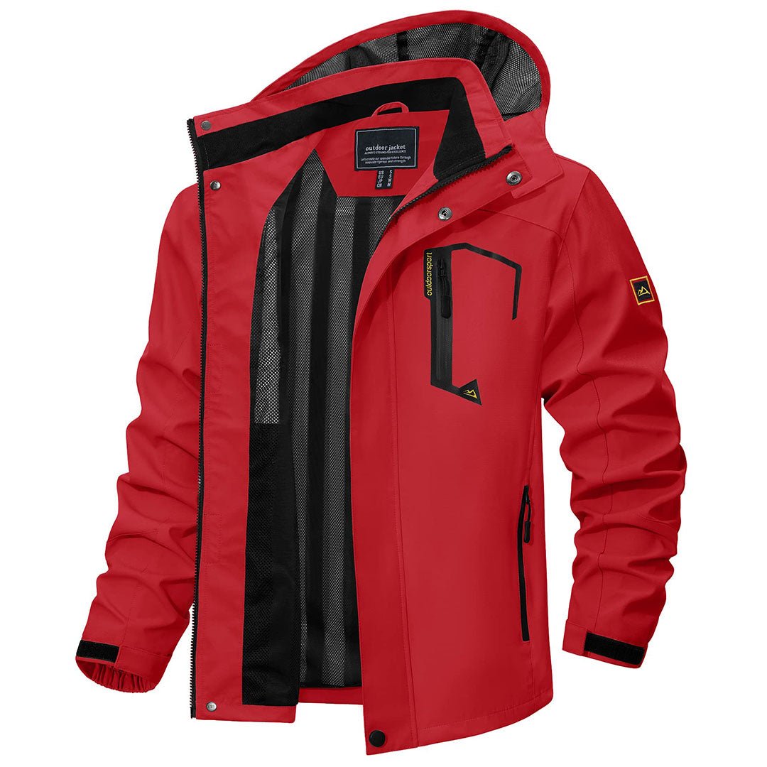 Men's lightweight waterproof hiking jacket with zipped pockets, windproof all-weather outdoor shell