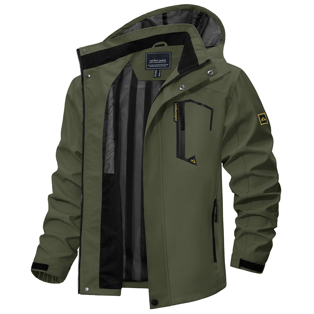 Men's lightweight waterproof hiking jacket with zipped pockets, windproof all-weather outdoor design