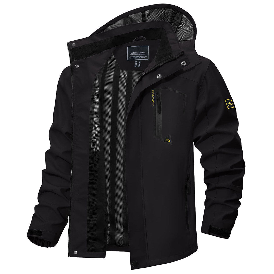 Men's lightweight waterproof hiking jacket with zipped pockets, windproof polyester build for all-weather outdoor use