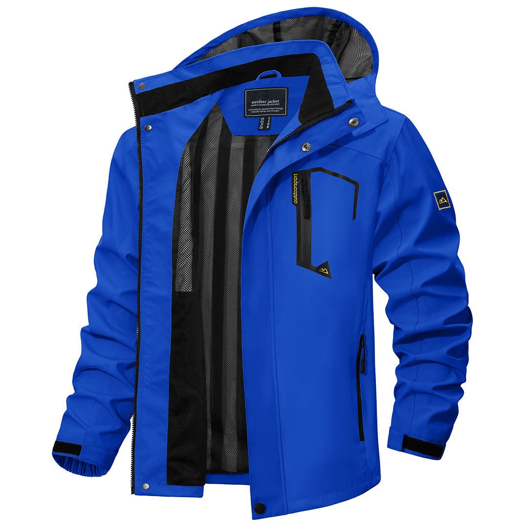 Men's lightweight waterproof hiking jacket with zipped pockets, windproof all-weather outdoor design