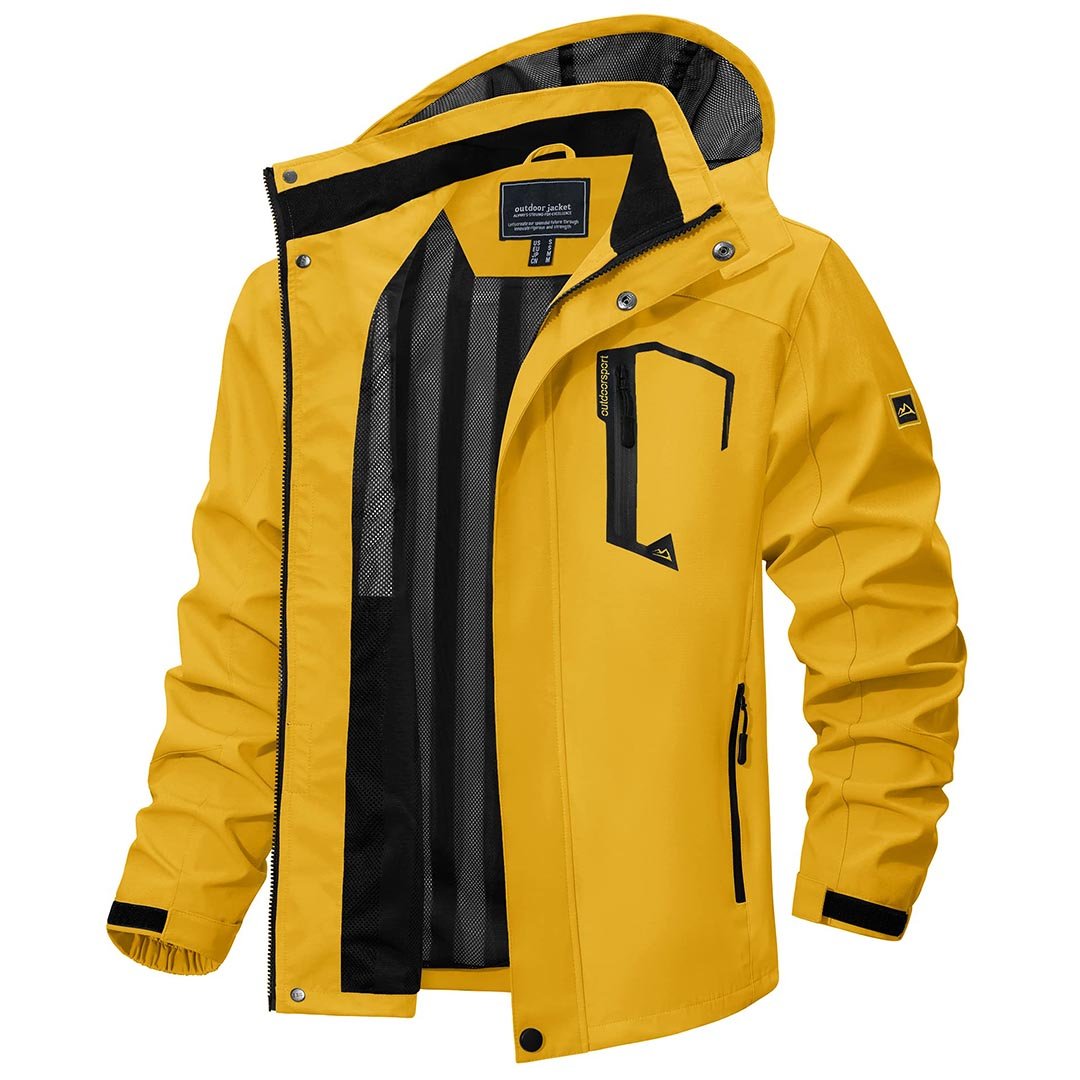 Men's lightweight waterproof hiking jacket with zipped pockets, windproof all-weather outdoor design