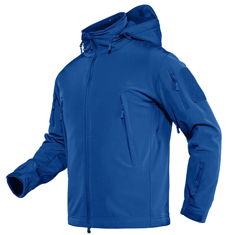 Men's black tactical softshell jacket fleece-lined detachable hood multiple utility pockets