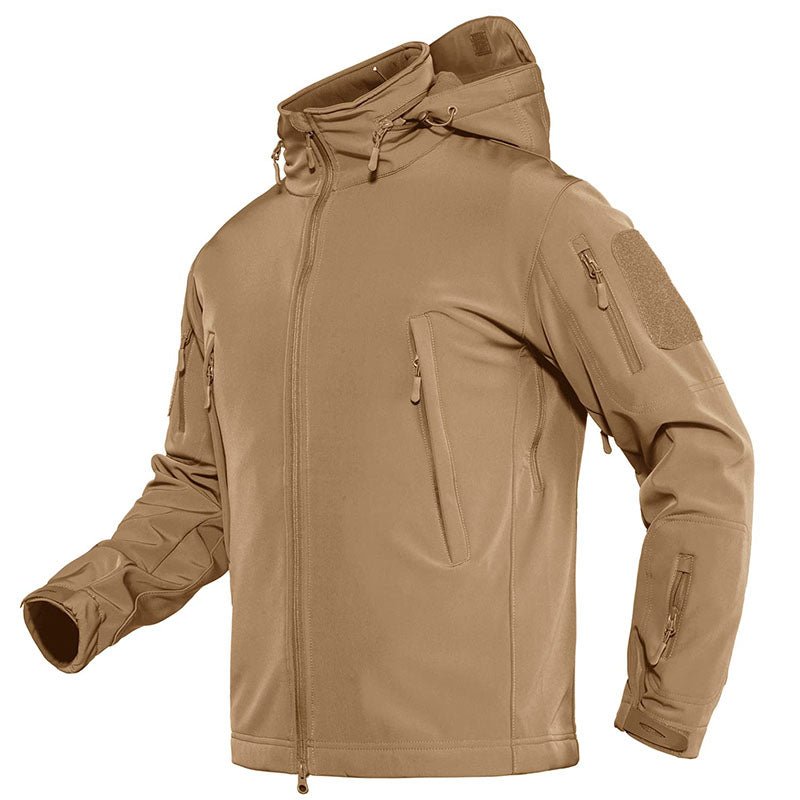 Men's black tactical softshell jacket fleece-lined with detachable hood and multiple utility pockets