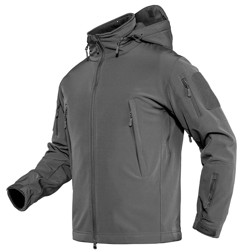 Men's black tactical softshell jacket fleece-lined detachable hood multiple utility pockets