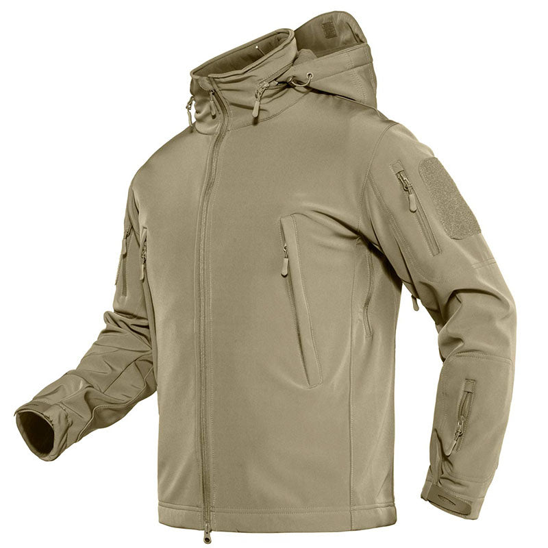 Men's black tactical softshell jacket fleece-lined detachable hood multiple utility pockets