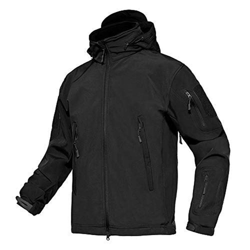 Men's tactical softshell jacket with fleece lining, detachable hood, and multiple utility pockets