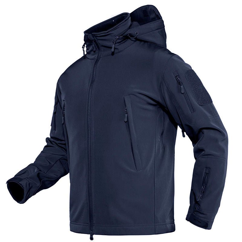Men's black tactical softshell jacket fleece-lined with detachable hood and multiple utility pockets
