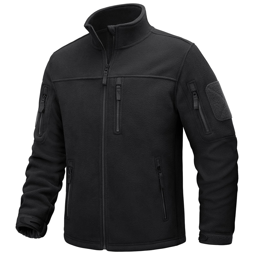 Men's tactical full-zip fleece jacket with stand-up collar and multi-pocket outdoor design