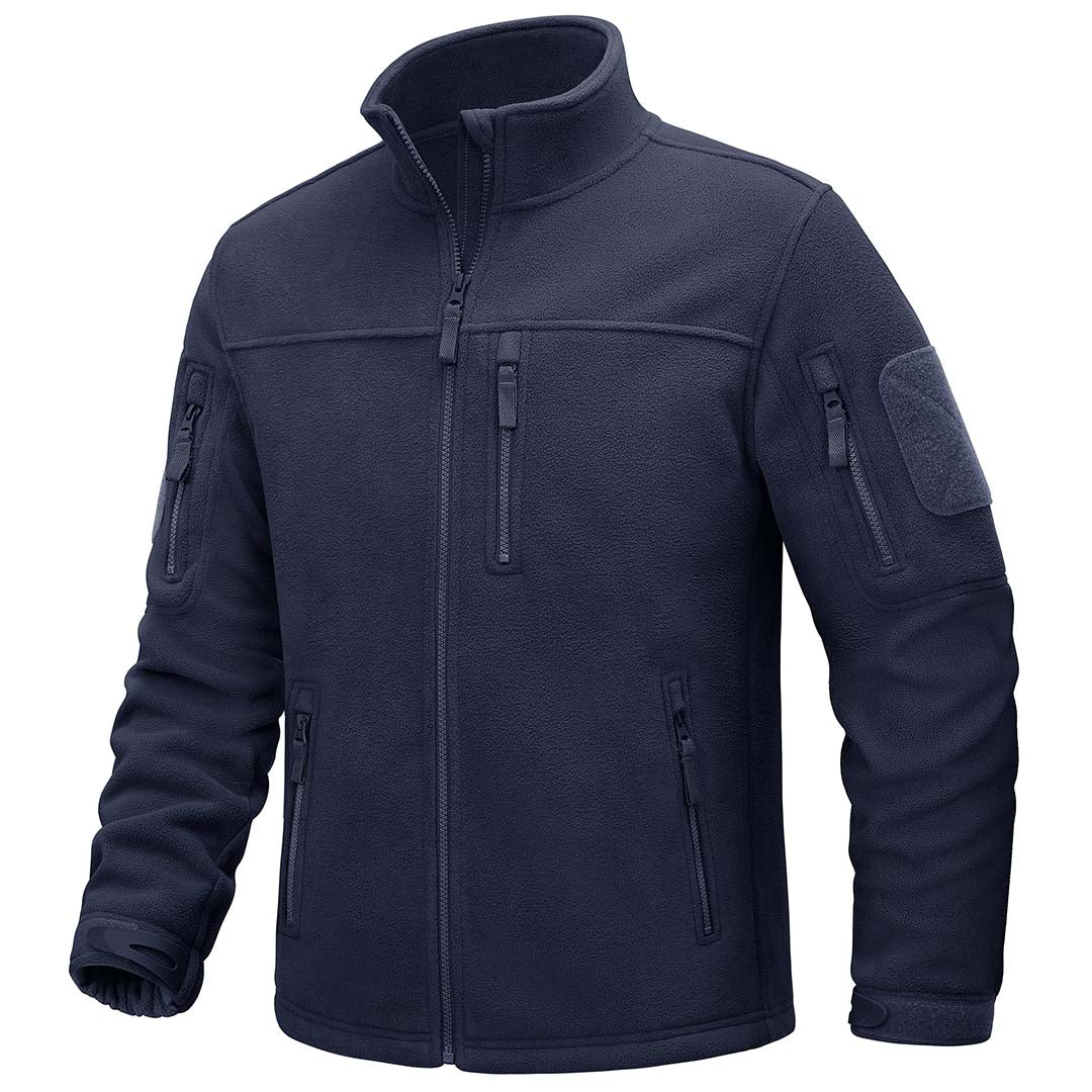 Men's tactical full-zip fleece jacket with stand-up collar, multi-pocket design for outdoor activities