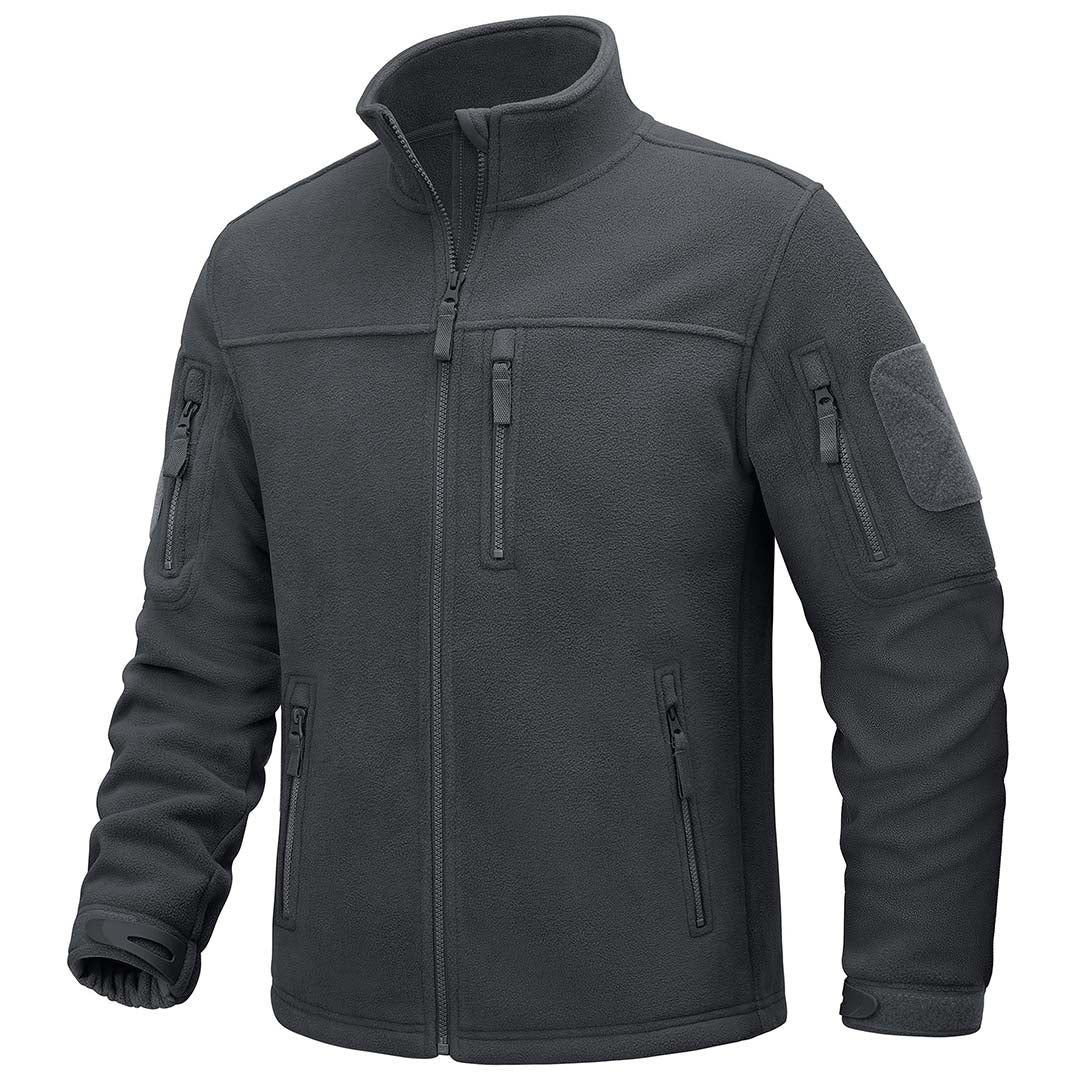 Men's tactical full-zip fleece jacket with stand-up collar and multi-pocket design for outdoor use