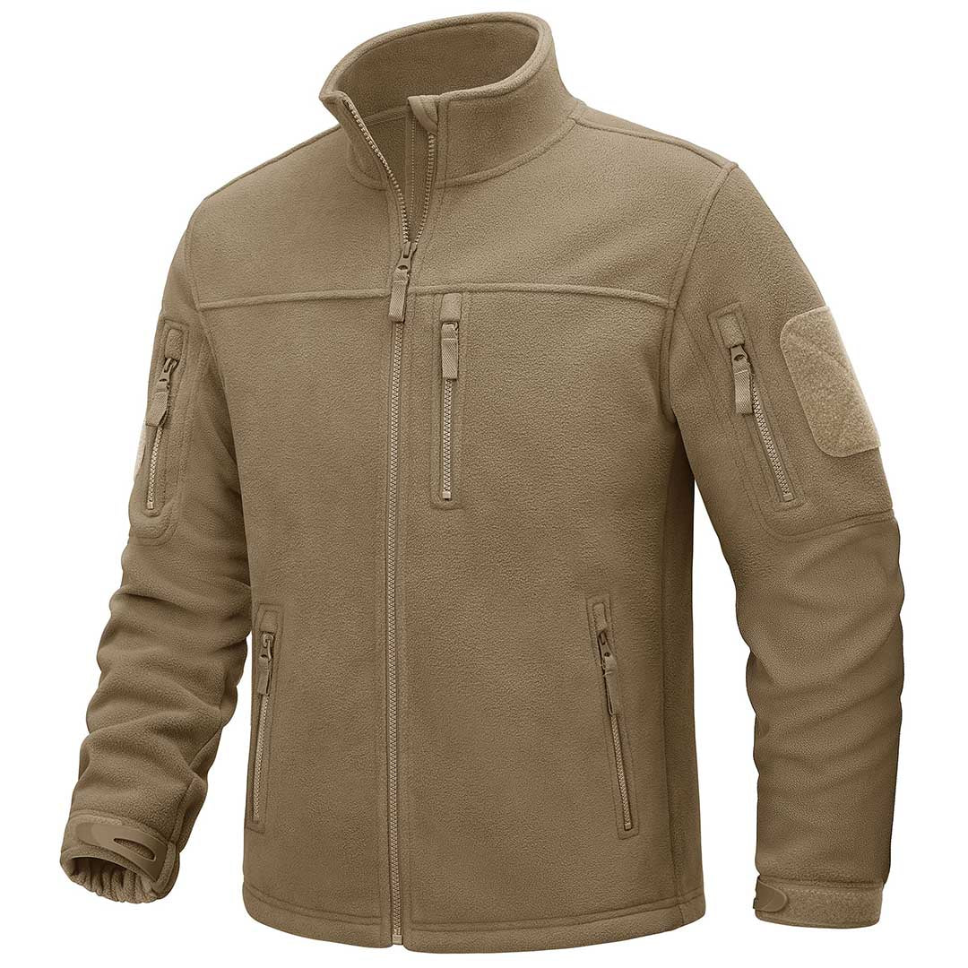 Men's tactical fleece jacket full-zip stand-up collar multi-pocket polyester outdoor coat