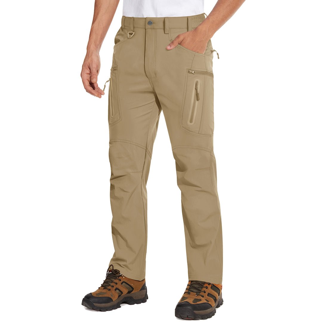 Men's khaki cargo hiking pants quick-dry water-resistant nylon blend with 8 pockets for outdoor trails