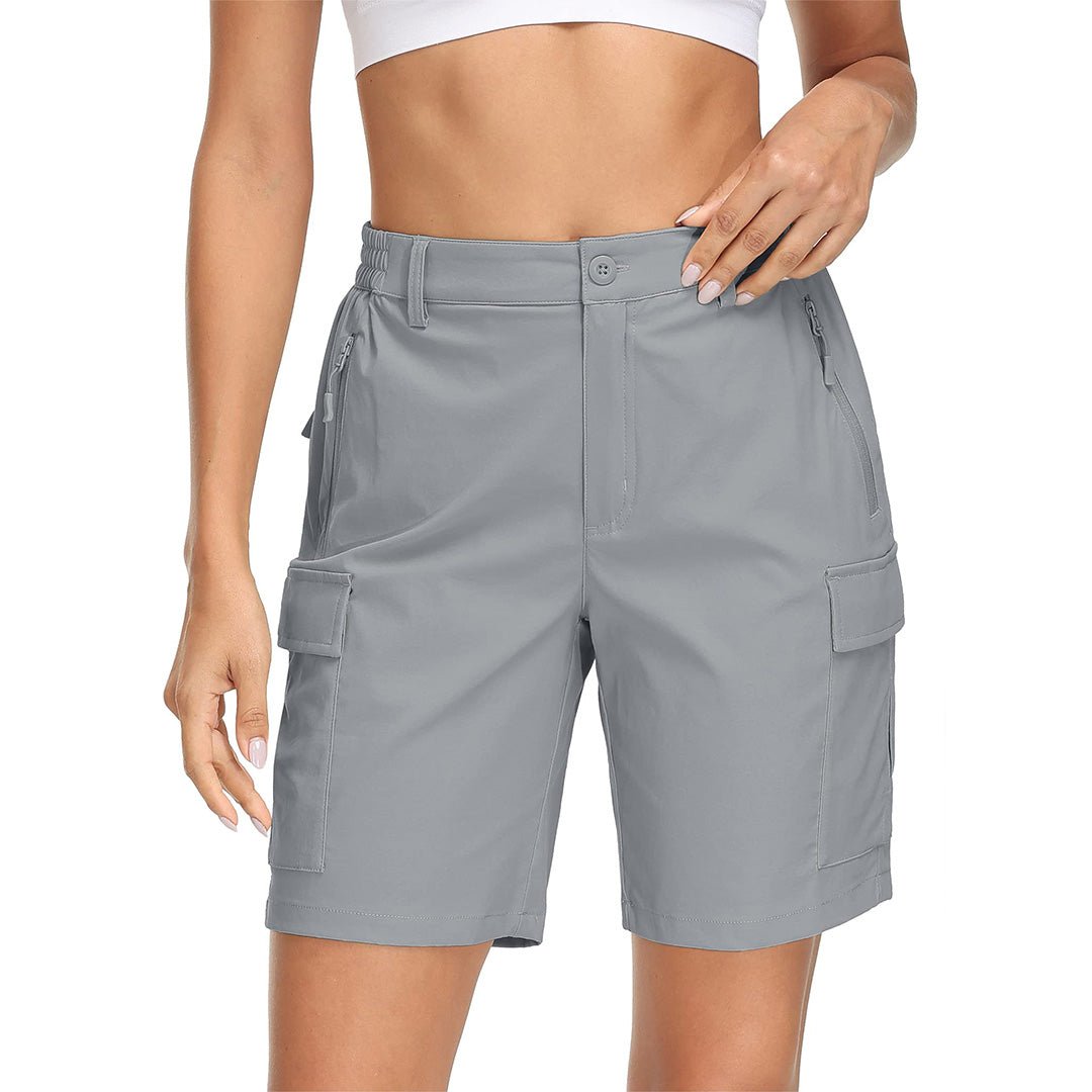 Women's khaki cargo hiking shorts lightweight quick-dry stretch fabric with secure multi-pockets