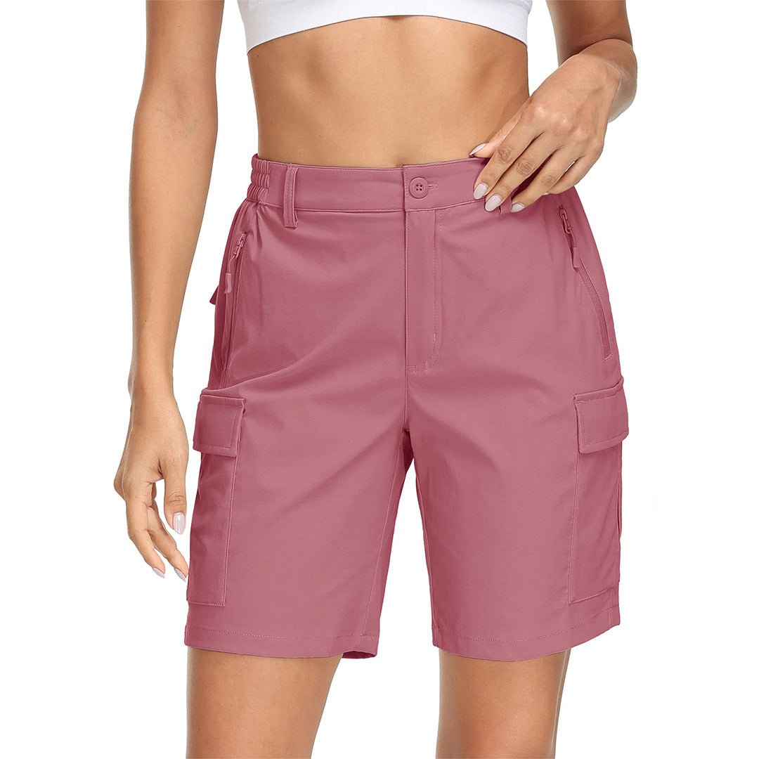 Women's khaki hiking cargo shorts lightweight quick-dry stretch nylon blend with secure multi-pockets