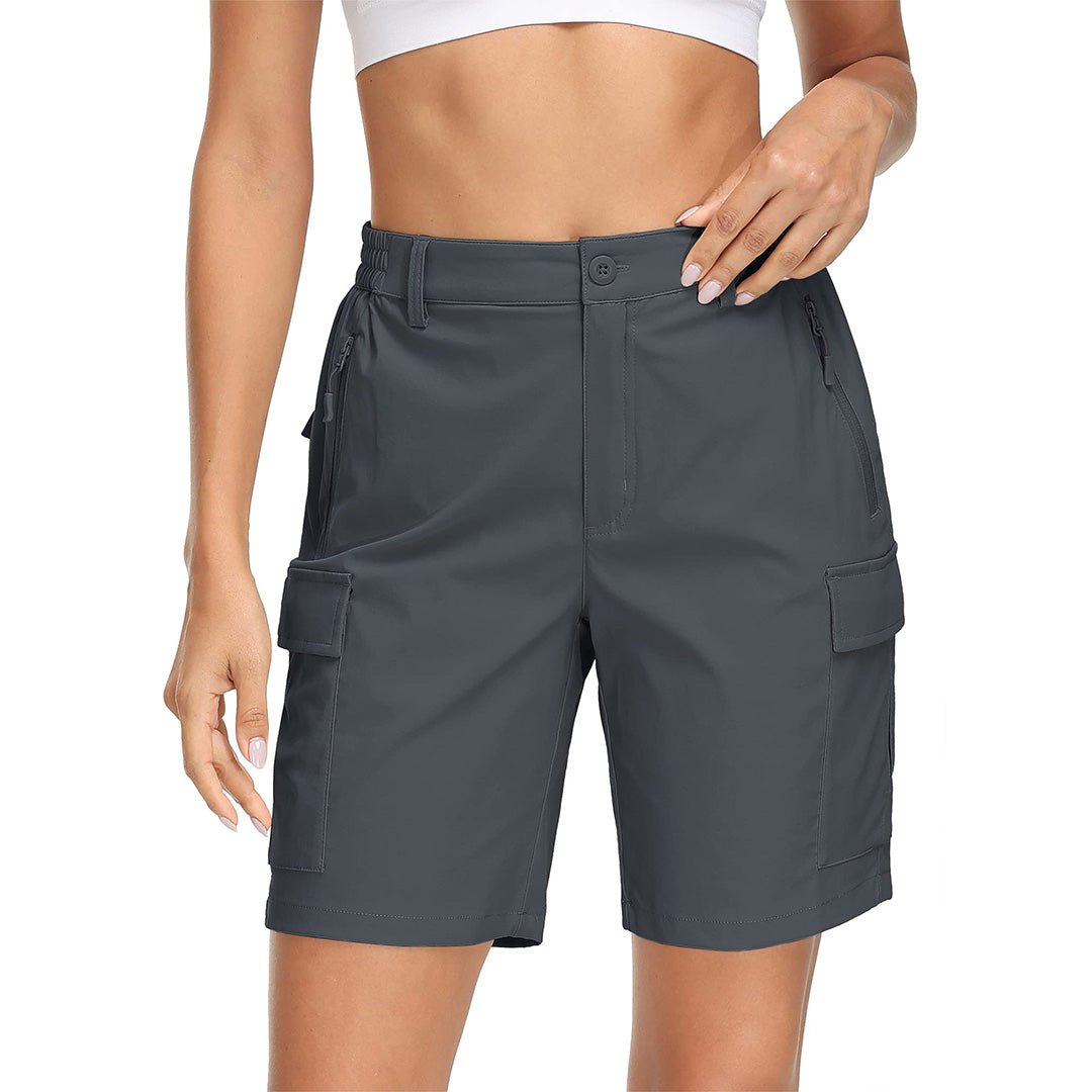 Women's khaki hiking cargo shorts lightweight quick-dry stretch nylon with secure multi-pocket design